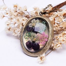 2020 Настоящий высушенный цветочный медальон кулон ожерелья старинные антикварные бронзовые покрытые длинные цепные стеклянные ожерелья для женщин подарок