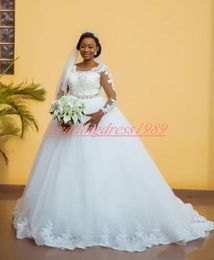 Beautiful Nigerian Lace Beads Wedding Dresses Sheer Long Sleeve Tulle Vestido de novia Country Formal Custom Bridal Gown African Bride Ball