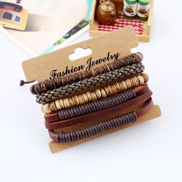 Genuine Leather Braided Bracelet for Women Girls DIY Coconut Shell Punk Rock Bangle Fashion Mens Multi Layer Wrap Bead Strands Hip Hop Jewellery Gifts