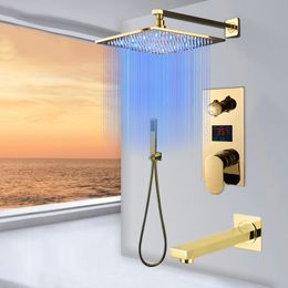 Golden Polished Digitail Display Bath Shower Faucet Rainfall LED 3 Way Bathroom Faucet Triple Way LCD Mixer Valve2502