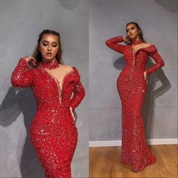 Red Mermaid Evening Dresses High Neck Long Sleeve Beads Sequins Tulle Prom Dress Floor Length Special Occasion Dresses