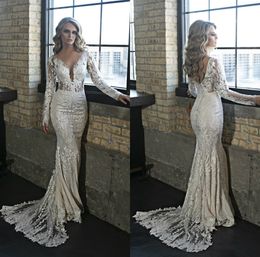 Elegant Mermaid Wedding Dresses V Neck Lace Applique Long Sleeve Wedding Dress Bridal Gowns Custom Made Robes De Mariée