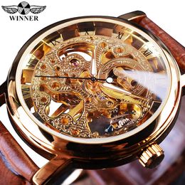 Winner Transparent Golden Case Luxury Casual Design Brown Leather Strap Mens Watches Top Brand Luxury Mechanical Skeleton Watch LY191209
