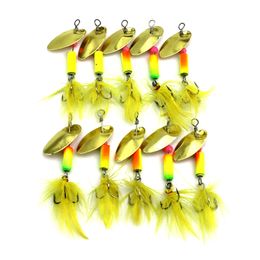 HENGJIA 200pcs/lot Spinner Spoon fishing lure Metal Jig Bait Crankbait Artificial Hard lure with Yellow Feather Treble hook 5.5cm 3.7g