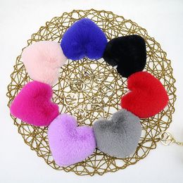 Newest Fashion Women Bag Key Ring Charm Heart Shape Pompom Car Key Chain Soft Plush Rabbit Fur Heart Keychains Jewellery Gift