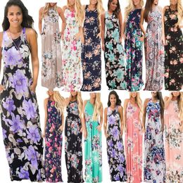 Women Floral Print Sleeveless Boho Dress Evening Gown Party Long Maxi Dress Summer Sundress Casual Dresses OOA3240