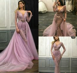 2019 Gorgeous Mermaid Evening Dresses With Detachable Train V Neck Lace Sequined Long Sleeve Prom Gowns Party Wear Quinceanera Dresses