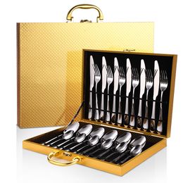 Gold Knife and Fork Stainless Steel Cutlery Western Dinner Set Tableware European Home Gift Box Set Wood 24 Pieces Party F6K