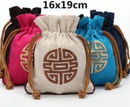 Ethnic Lucky Embroidery Large Favor Bags Wedding Birthday Party Cotton Linen Gift Pouch Chinese Drawstring Packaging Bag Candy Storage Pouch