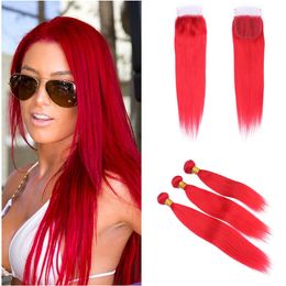 Red Bundles with Closure Silky Straight Hair Bright Red Color Human Hair Weaves with Lace Closure 4X4 Free Part Brazilian Virgin Hair