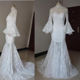 Juliet Long Sleeve Lace Wedding Dresses Mermaid Style 2019 High Neck See Though Back African Wedding Dress Bridal Gowns Custom Made