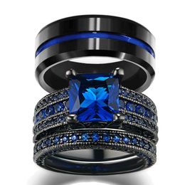blue sapphire wedding band ring Australia - Couple Jewelry - Men's 8mm width Blue Line Stripe Tungsten Carbide Ring Women's 14kt Black Gold Filled Natural Sapphire Wedding Band Ring