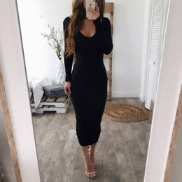 Wholesale-Sexy V-neck Knitted Sweater Dress Women Long Sleeve Midi Bodycon Dress Black White Red Stretchy Knitted Winter vestidos