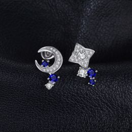 Wholesale-Moon & Star Created Sapphire Stud Earrings 100% Real 925 Sterling Silver Fine Accessories Simple Jewelry Y18110110