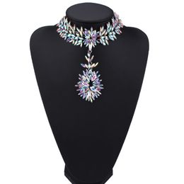 Wholesale- designer luxury golden glittering crystal zircon exaggerated flower pendant sweater choker statement necklace for woman 4 Colours