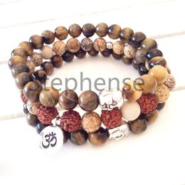 MG0667 Natural Rudraksha Beads Ohm Bracelet Natural 8 mm Tiger Eye Buddha Yoga Mala Bracelet Lotus Charm Yoga Bracelet