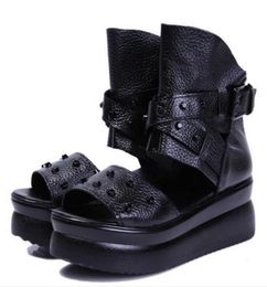 New Real leather shoes fashion sandals 2019 rivet summer women sandals Platform Shoes ankle boots wedges plus Size 35-43 Roman sandals