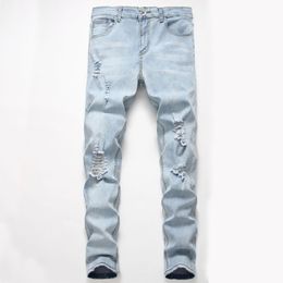 Men's Jeans Mens Biker Vintage Style Male Hole Distrressed Slim Fit Denim Casual Trousers Light Blue Pants Asian Size