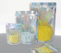 Holographic Colour Mylar Bags Stand Up Smell Proof Bags Clear Front With Aluminium Foil Back Food Storage plastic packaging bag