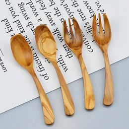 100pcs Italy Olive Wooden Curved Spoon Fork Long Handle Tableware Wooden Cutlery