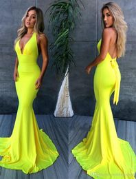 New Sexy Deep V Neck Prom Gown Mermaid Sleeveless Formal Dresses Open Back Long Evening Dresses Special Occasion Dresses Sweet Bow