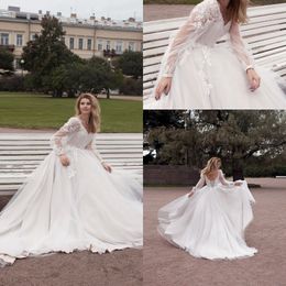 new fashion beach wedding dresses v neck long sleeve laceup back a line bidal gowns lace applique tulle wedding dress