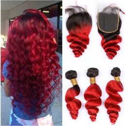 #1B/Red Dark Root Ombre Brazilian Virgin Human Hair 3Pcs Bundles Loose Wave with Closure Black and Red Ombre Wavy Weaves