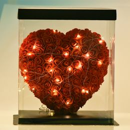 Christmas Gift Artificial Flower Rose Heart Shape with LED Light Birthday Gift for Girlfriend Valentine for Girls Party Decor PE Rose