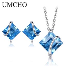 Umcho Pure 925 Sterling Silver Jewellery Set Natural Swiss Blue Topaz Stud Earrings Pendant For Women Jewellery Necklace With Chain