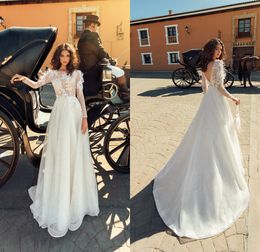 Elegant A Line Wedding Dresses Jewel Sheer Long Sleeve Lace Apliques Feather Beach Wedding Gown Custom Made Sweep Train Robes De Mariéel