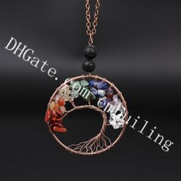 10Pcs Lucky Family Tree of Life Copper Wire Wrapped 7 Chakra Birthstone Protection Amulet Healing Stone Pendant Necklace w/ Lava Rock Beads