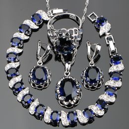 Silver 925 Costume Blue Zircon Jewellery Sets Women Wedding Jewellery With Bracelets Earrings Pendant Necklaces Rings Set Gift Box