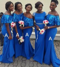 Blue African Royal Mermaid Bridesmaid Dresses Short Sleeves Sequins Off Shoulder Satin Maid of the Honour Formal Dress Party Gowns