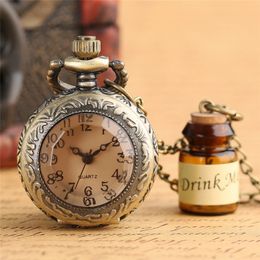 Vintage Creative Drink Me Glass Bottle Pocket Watches Quartz Analogue Watch for Women Lady Girl Clock Necklace Pendant Chain Gift