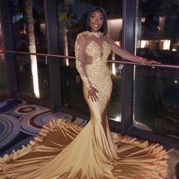 Gold Colour Prom Dress African Black Girls Mermaid Long Sleeve High Neck Floor Length Graduation Party Gown Custom Made Plus Size