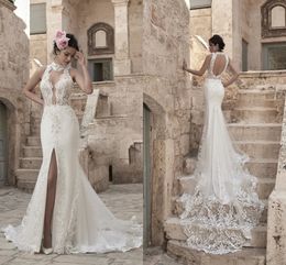 2020 Split Mermaid Wedding Dresses Jewel Neck Sleeveless Hollow Back Appliques Satin Wedding Dress Court Train Vestidos De Novia