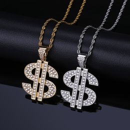 Men Women Hip Hop Necklace Gold Silver Colour CZ Dollar $ Pendant Necklace with 24inch Rope Chain for Men Women