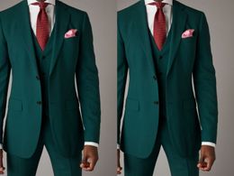 Dark Green Groom Wear Slim Fit Two Button Peaked Lapel Mens Business Formal Prom Tuxedos Best Man Blazer Suit (Jacket+Vest+Pants)