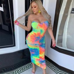 Colourful Tie Dye Sexy Bodycon Dress Women Fashion Off Shoulder Backless Party Dress Summer Strapless Sleeveless Mini Sundress