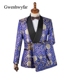 new Design Colourful Flower Brocade Tuxedos For Men Fashion Shawl Lapel Men Party Prom Suits Blazer Pants Groom Tuxedos(Jacket+Pant+Bowtie)