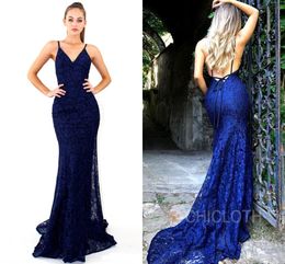 dark blue lace prom dresses NZ - Dark Blue Lace Mermaid Prom Dresses 2019 Spaghetti Backless Evening Formal Party Gown Cheap Pageant Dress Custom Made BC1586