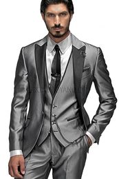 Brand New Grey Groom Tuxedos Black Peak Lapel Groomsmen Mens Wedding Dress Style Man Jacket Blazer 3 Piece Suit(Jacket+Pants+Vest+Tie) 863