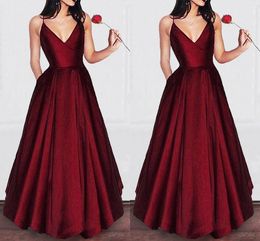 2019 Burgundy A-line Formal Prom Dresses Long Spaghetti V-neck Open Back Satin Party Dress For Special Occasion Evening Gowns Formal Dress