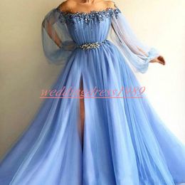 Trendy Illusion Split Evening Dresses With Beads Saudi Arabia Long Puffy Sleeve Prom Dresses Pageant Gown Robe De Soiree Party Formal Ball