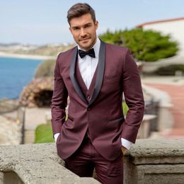 Cheap Burgundy One Button Mens Prom Suits Shawl Lapel Wedding Suits For Men Tuxedos Three Pieces Blazers Jacket + Pants + Vest