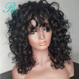 Kinky Curly With Bangs 150% Density 13X4 synthetic Lace Front Bob Pre Plucked Short Brazilian Wig
