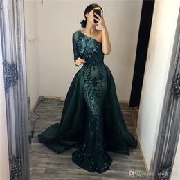 Shiny One Shoulder Evening Dresses With Detachable Train Sequined Appliques Long Sleeves Mermaid Prom Dress Overskirts African Party Vestido