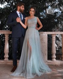 2020 Arabic Aso Ebi Sky Blue Cheap Evening One Shoulder Sequined Prom Dresses High Split Formal Party Second Reception Gowns ZJ643