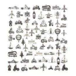 Mixed 70 Designs Retro Silver Color Traffic Transportation Pendant Fitting Vehicle Ship Aircraft Charms DIY Jewelry Accessories 70pcs/bag