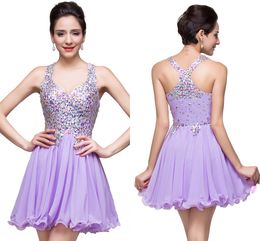 2020 Lavender In Stock Elegant Chiffon Mini Homecoming Dress A-line Short Shinny Crystal Graduation Party Dresses Evening Club Wear CPS168